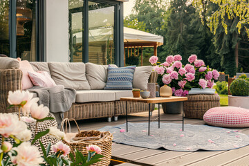Cozy wooden terrace with rustic wooden furniture, soft colorful pillows and blankets, decorations and peonies bushes. Charming sunny evening in summer garden.
