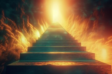 An ethereal, surreal staircase ascending to the unknown, against a backdrop of fiery clouds and glowing embers, evoking a sense of journey and spirituality