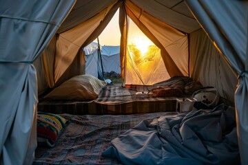 Inside view of a tent with bedding and a view of the sunset through the opening, creating a warm atmosphere