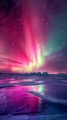 Aurora borealis over a frozen lake, vivid colors, wide lens, night, high definition 