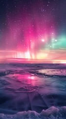 Aurora borealis over a frozen lake, vivid colors, wide lens, night, high definition