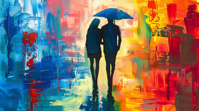 a couple is walking in the rain under an umbrella, abstract colorful
