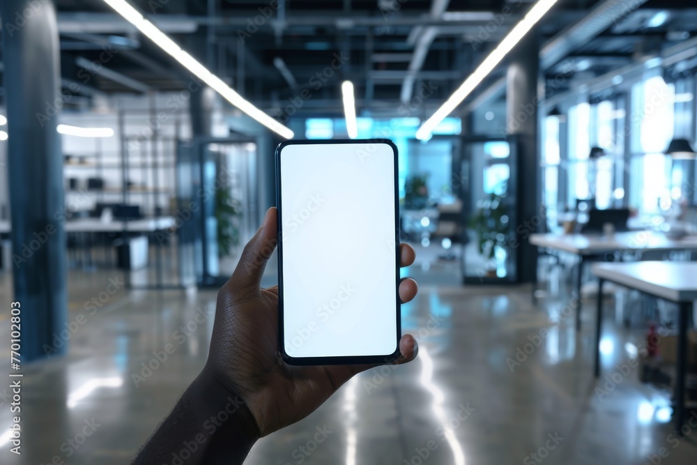 Poster a hand holding a smartphone with a blank screen for mockup set in a trendy office environment, illum