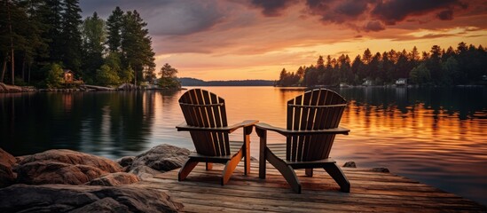 Two wooden chairs on a wooden pier overlooking a lake at sunset