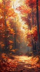 Fototapeta na wymiar Autumn forest, vibrant foliage, soft sunlight, eye level, oil painting style