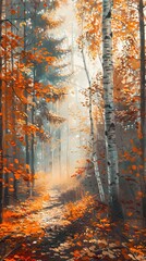 Autumn forest, vibrant foliage, soft sunlight, eye level, oil painting style 