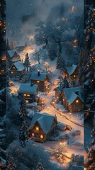 Snowy village, twilight glow, cozy lights from windows, aerial perspective, high detail 