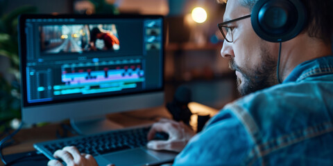 Man wearing headphones editing video and music on a computer in a studio.