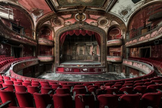 A haunting view of an abandoned theater with decaying ornate architecture and rows of red seats covered in dust