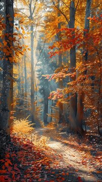 Autumn forest, vibrant foliage, soft sunlight, eye level, oil painting style 