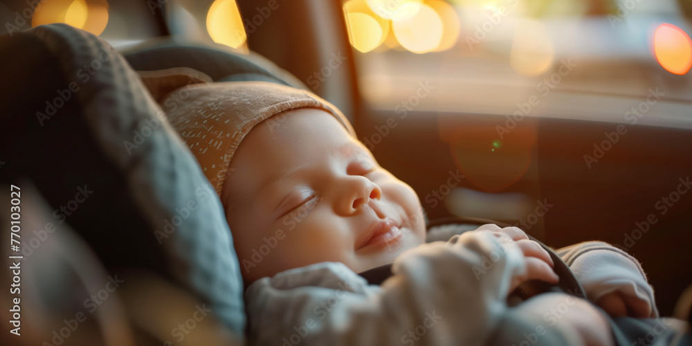 Wall mural Cute newborn baby sleeping in a car seat. Child safety on a road trip. Traveling by car with kids.