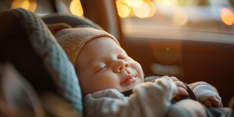 Cute newborn baby sleeping in a car seat. Child safety on a road trip. Traveling by car with kids. - obrazy, fototapety, plakaty
