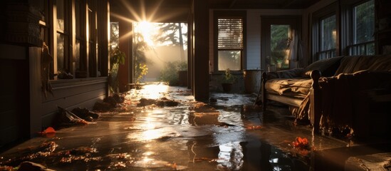Sunlight streams into a flooded room