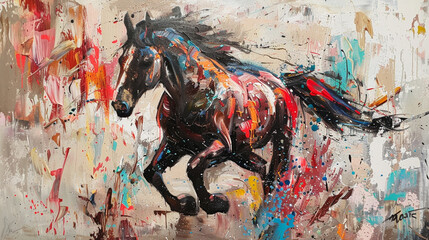 Oil paint horse portrait painting in multicolored tones. Conceptual abstract painting of a horse....