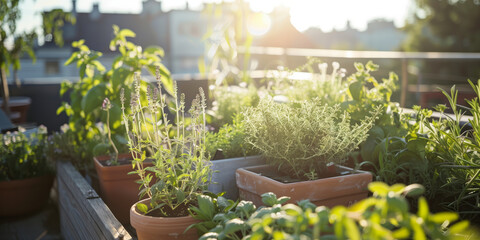 Roof top farming organic garden with various vegetables, herbs and flowers. Cultivation of fresh produce on the top of buildings in major cities.