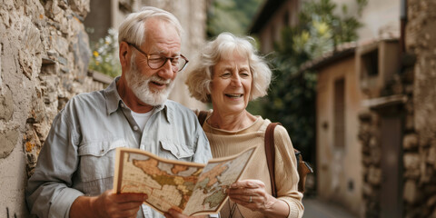 Beautiful senior couple having fun while visiting small Italian town on sunny summer day. Elderly man and woman looking at map on city street. - obrazy, fototapety, plakaty