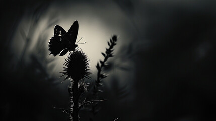 A dramatic silhouette of a butterfly poised on a spiky thistle, the contrast between the delicate creature and the harsh plant accentuated by the black background.  - Powered by Adobe