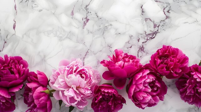 Petals of Beautiful Pink Red Purple Peony flowers over white marble background.