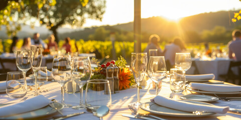 Stunning table arrangement for a wedding of festive event against a breathtaking backdrop of vineyards on summer sunset. - obrazy, fototapety, plakaty
