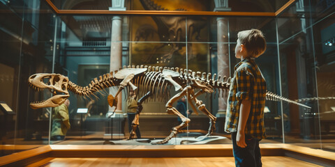 Fototapeta na wymiar Child looking at the skeleton of an ancient dinosaur in the museum of paleontology. Little boy watching at dinosaur bones.