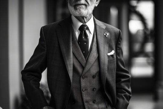 A black and white image featuring a senior man in a striped suit and bow tie radiating timeless class