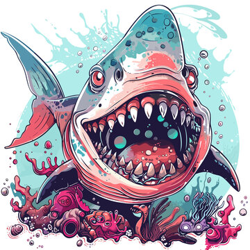 recommend clip art: Shark and corals. Hand drawn vector illustration of a shark.