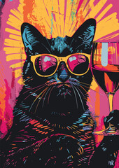 Vector illustration of a black cat with glasses and a glass of wine