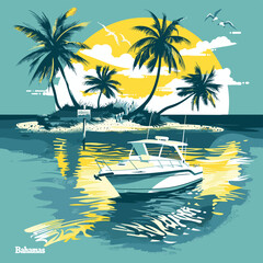 lifestyle in Bahamas flat vector illustration. A painting of a boat on a body of water with palm trees in the background.