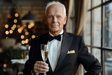 A senior man dressed in a black tuxedo stands confidently with a champagne glass in a luxurious setting