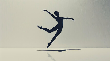 Fototapeta na wymiar A minimalist silhouette of a ballet dancer on pointe, with a subtle shadow to suggest depth, all on a clean white background.