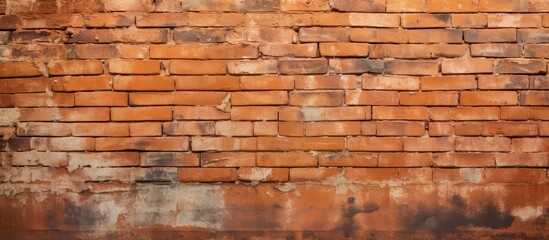 Detailed view of an aged brick wall showing signs of corrosion and rust accumulation