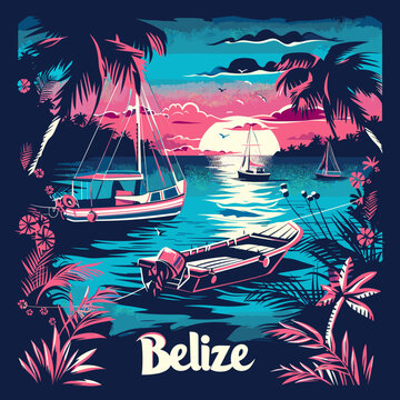 lifestyle in Bahamas flat vector illustration. A painting of a tropical island Belize with boats and palm trees