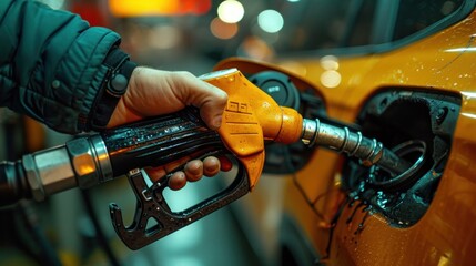 man's hand grips a gasoline fuel nozzle