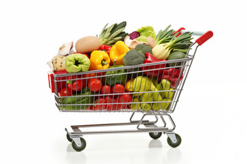 Shopping cart filled with a variety vegetables, vegetables in basket on white background, digital shopping concept