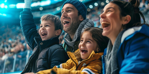 Excited parents and kids celebrating the victory of their team. Sports fans chanting and cheering for their ice hockey team. Family with children watching hockey match. - obrazy, fototapety, plakaty