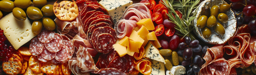 Close-up photo of a gourmet charcuterie board featuring a variety of cured meats, artisan cheeses, and gourmet accompaniments, arranged with artistic flair. - obrazy, fototapety, plakaty