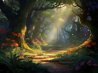 Fantasy landscape with a path in the dark forest, 3d illustration