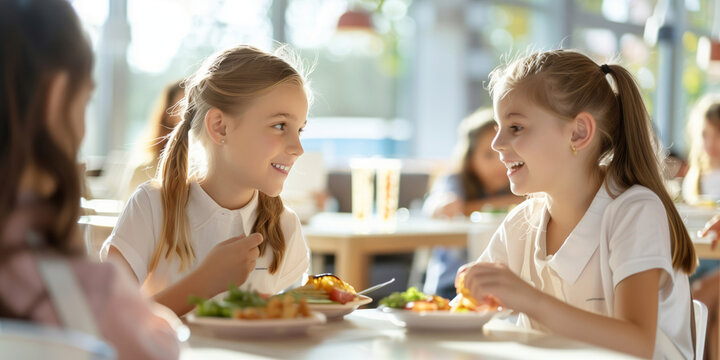 Two cute ten years old girls sitting at the table in school cafeteria. Young students having food during lunch break in dining hall.
