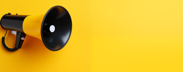 Black megaphone on yellow landscape background with copyspace
