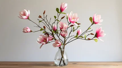 Gordijnen Bouquet of sprigs of blooming pink artificial magnolia in clear glass vase © Ziyan