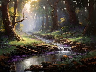 Digital painting of a woodland scene with a stream flowing through it.