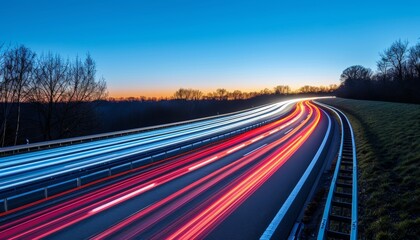 Blurred car lights in urban night traffic  high speed motion on illuminated city highway