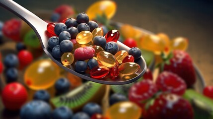 spoon with dietary supplements on fruits background - obrazy, fototapety, plakaty