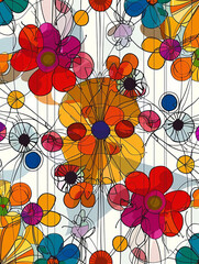 Fototapeta na wymiar Colorful Floral Abstraction with Line Art Overlay