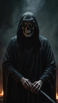 DEATH LOOKING STRAIGHT AHEAD WITH GLOWING EYES AND A BLACK ROBE, BEHIND IT FIRE AND SMOKE. VIDEO. VERTICAL. 