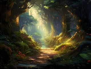 Mystical fantasy forest with a path leading to the entrance, 3d illustration