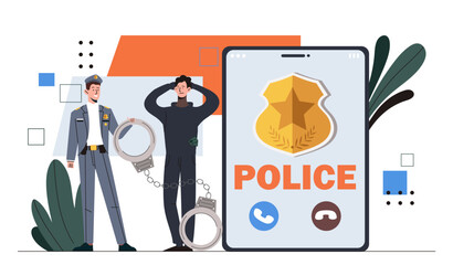 Police officer concept. Man with crime near smartphone and handcuffs. Golden badge with star. Guard and policeman with criminal. Cartoon flat vector illustration isolated on white background