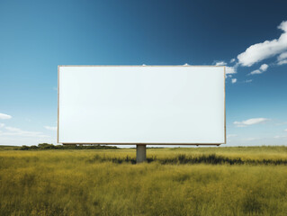 blank white billboard on countryside road with fields and grass background with cloudy sky 