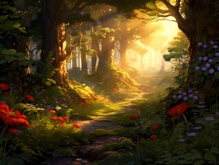 Sunset in a forest, panoramic view, 3d render