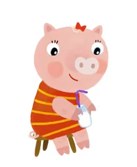 Fototapeten cartoon scene with little piggy girl drinking milk sitting on chair illustration for children © honeyflavour